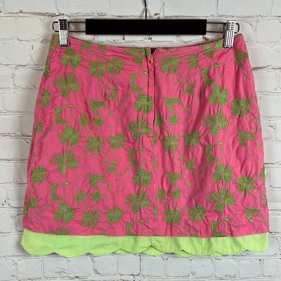 LILLY PULITZER cotton pink embroidered floral green lined skirt size 4 - Picture 4 of 5